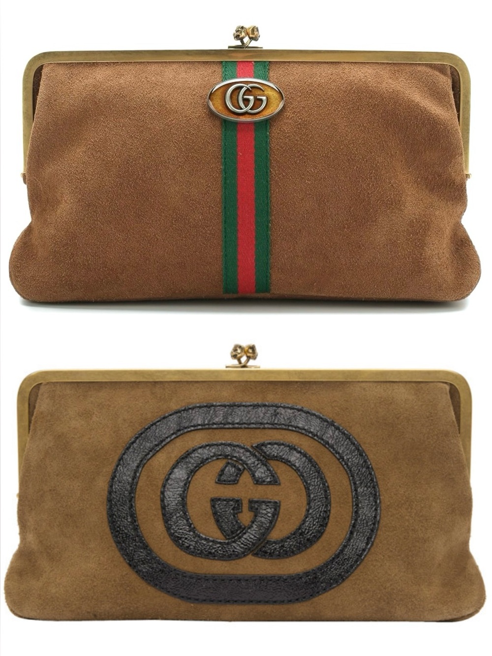 •••SOLD•••Auth Gucci Ophidia Kisslock Frame Clutch Suede Medium In Brown - Picture 1 of 17